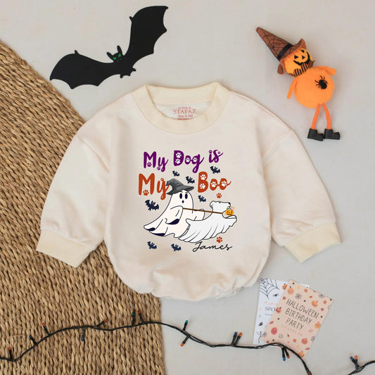 Custom Name My Dog is My Boo Halloween Baby Romper First Halloween Bodysuit Boy Outfit Whimsical Ghost Dog Paw Print Purple Orange Cute Infant Gift