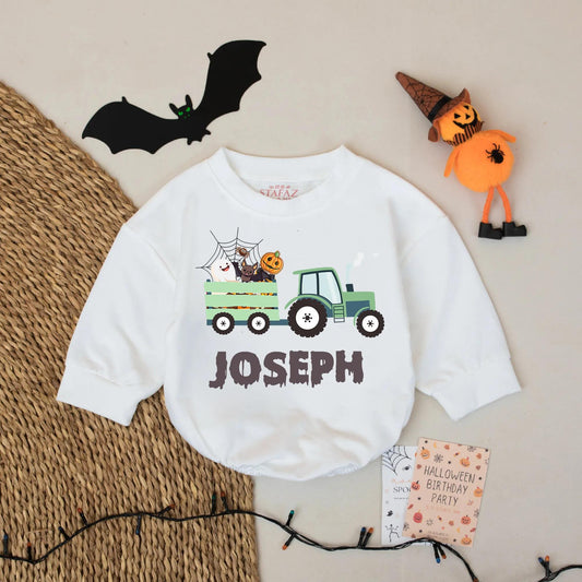 Custom Joseph Halloween Tractor Romper Baby Boy Green Spooky Wagon Ghost Bat Pumpkin Spiderweb Design First Birthday Coming Home Outfit Thanksgiving Gift