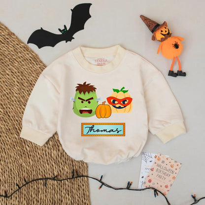 Custom Baby Boy Halloween Romper with Playful Frankenstein Pumpkin Graphics Thomas Name Design Funny Spooky Holiday Gift