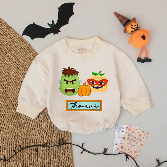 Custom Baby Boy Halloween Romper with Playful Frankenstein Pumpkin Graphics Thomas Name Design Funny Spooky Holiday Gift