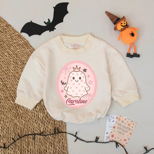 Custom Caroline Ghost Baby Romper Halloween Outfit for Baby Girl with Pink Scalloped Frame, Cute First Halloween Gift