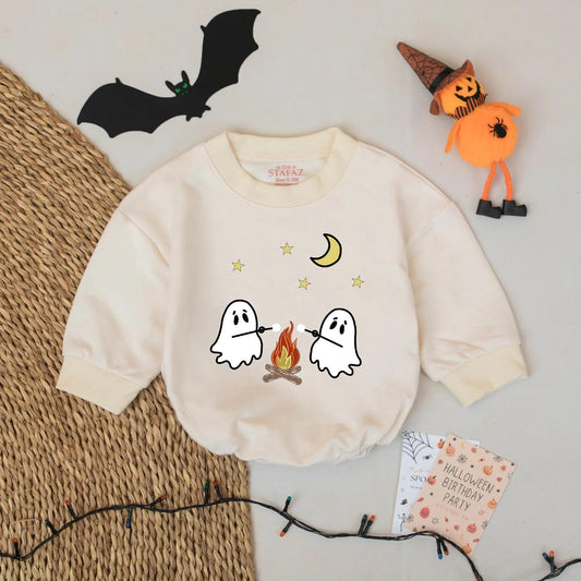 Ghost Camping Baby Romper Cute Halloween Design with Stars Moon and Campfire Fun Baby Clothes for First Halloween and Coming Home Outfits