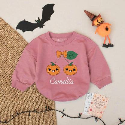 Cute Cherry Pumpkin Halloween Romper Baby Girl First Birthday Outfit Custom Camellia Name Bodysuit
