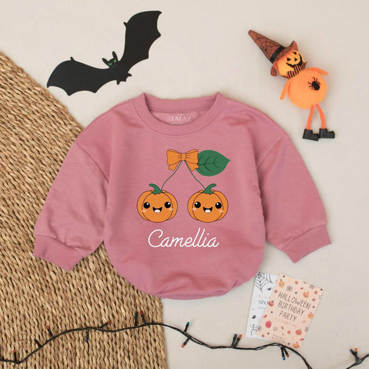 Cute Cherry Pumpkin Halloween Romper Baby Girl First Birthday Outfit Custom Camellia Name Bodysuit