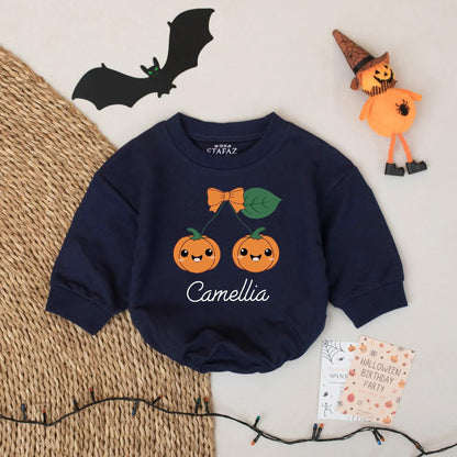 Cute Cherry Pumpkin Halloween Romper Baby Girl First Birthday Outfit Custom Camellia Name Bodysuit