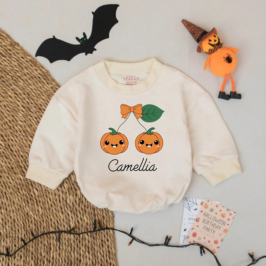 Cute Cherry Pumpkin Halloween Romper Baby Girl First Birthday Outfit Custom Camellia Name Bodysuit