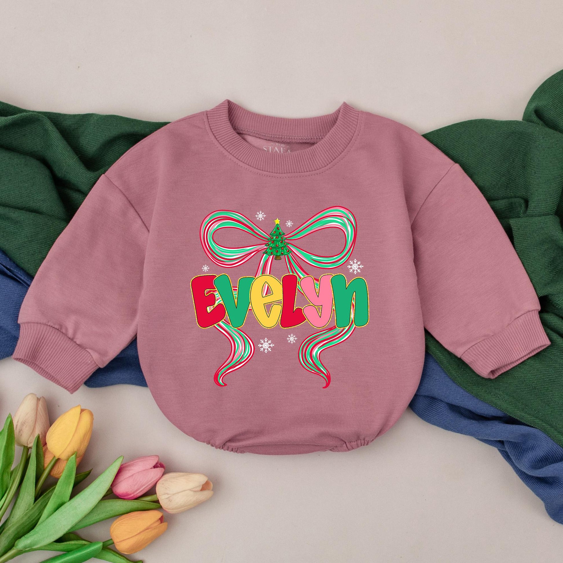 Evelyn's First Christmas Romper: Personalized Baby Girl Outfit with Colorful Bow & Snowflake Design, Custom Name Bodysuit for Festive Xmas Gift Idea (139 chars)