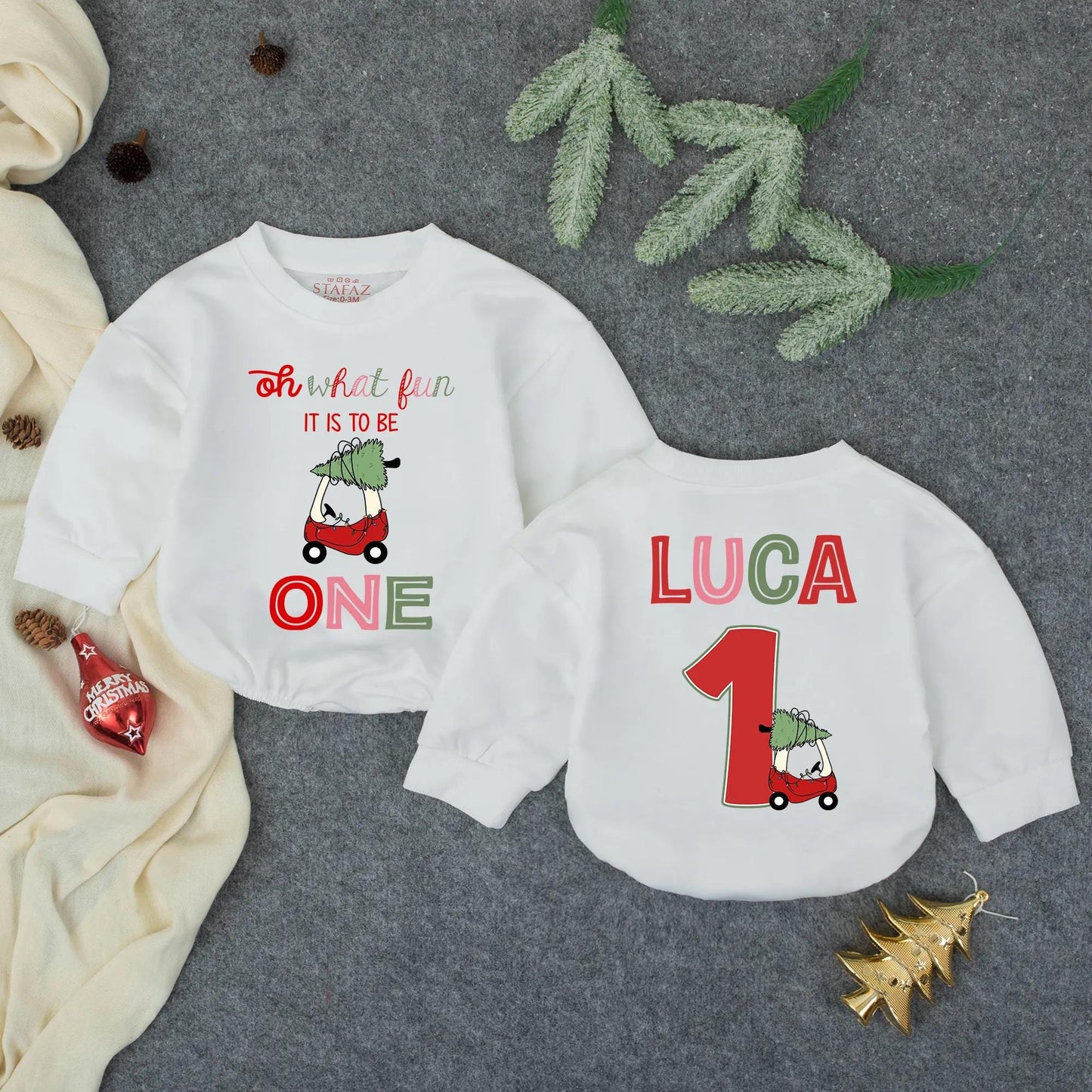 Personalized Oh What Fun Luca's 1st Christmas Romper, Custom Holiday Baby Outfit, Red Car Xmas Tree, Baby Boy Toddler Clothes, Infant Gift (136 chars)