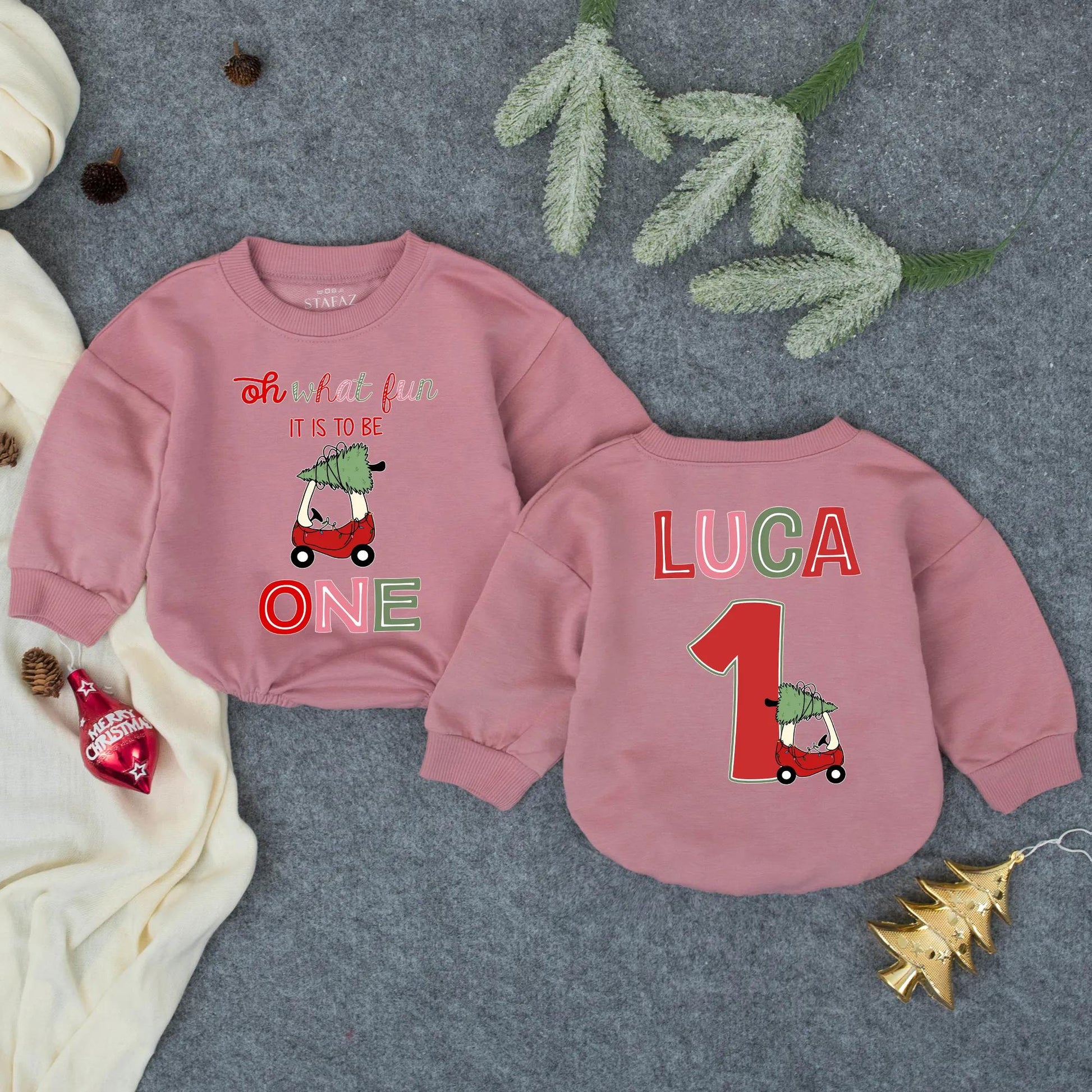 Personalized Oh What Fun Luca's 1st Christmas Romper, Custom Holiday Baby Outfit, Red Car Xmas Tree, Baby Boy Toddler Clothes, Infant Gift (136 chars)