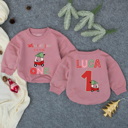 Personalized Oh What Fun Luca's 1st Christmas Romper, Custom Holiday Baby Outfit, Red Car Xmas Tree, Baby Boy Toddler Clothes, Infant Gift (136 chars)