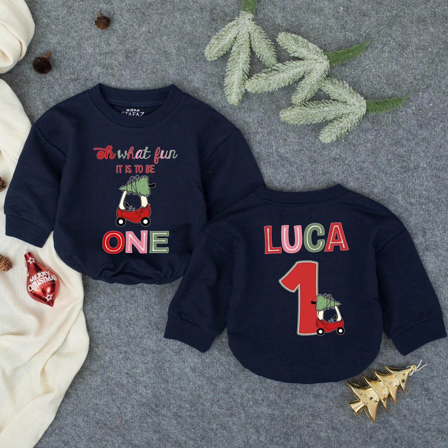 Personalized Oh What Fun Luca's 1st Christmas Romper, Custom Holiday Baby Outfit, Red Car Xmas Tree, Baby Boy Toddler Clothes, Infant Gift (136 chars)