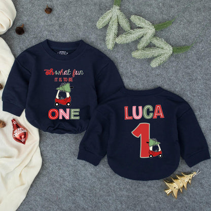 Personalized Oh What Fun Luca's 1st Christmas Romper, Custom Holiday Baby Outfit, Red Car Xmas Tree, Baby Boy Toddler Clothes, Infant Gift (136 chars)
