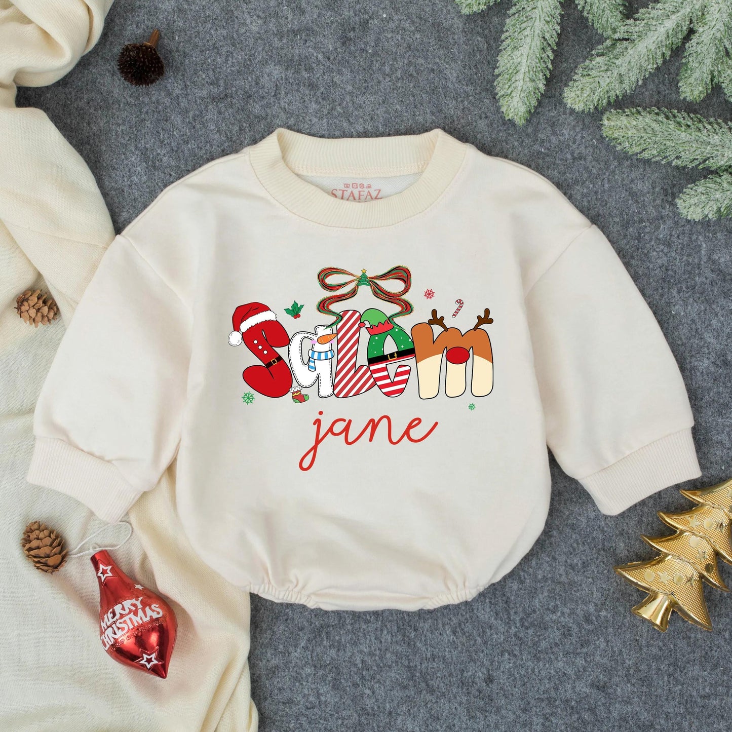 Personalized Christmas Romper: Festive Season Outfit with Santa, Reindeer & Elf Letters, Custom Name Baby Girl Sweatshirt, Holiday Toddler Clothes 139