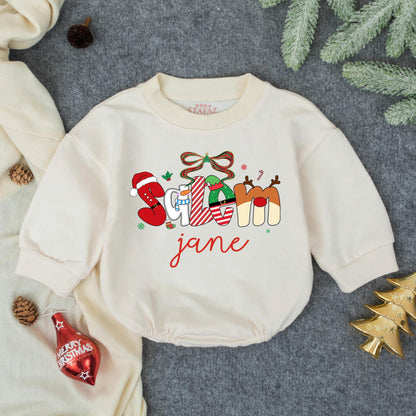 Personalized Christmas Romper: Festive Season Outfit with Santa, Reindeer & Elf Letters, Custom Name Baby Girl Sweatshirt, Holiday Toddler Clothes 139