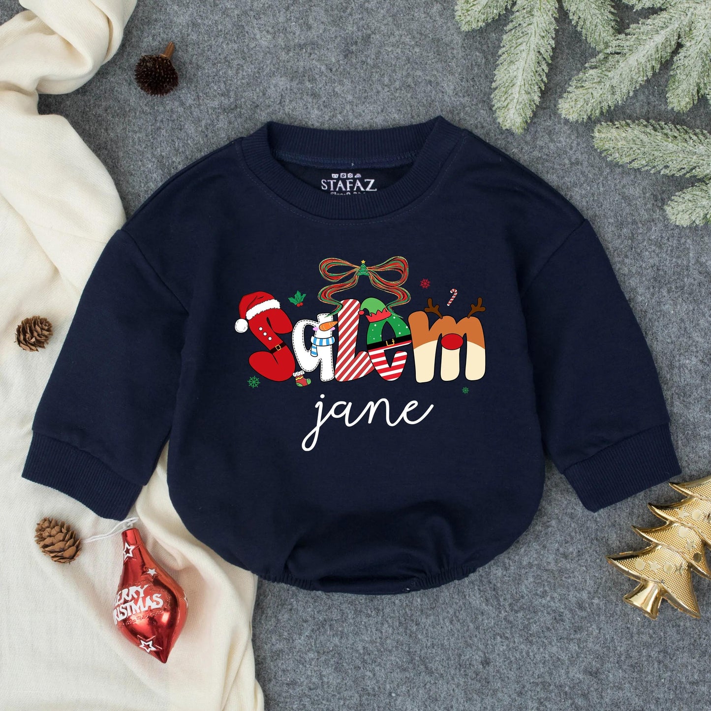 Personalized Christmas Romper: Festive Season Outfit with Santa, Reindeer & Elf Letters, Custom Name Baby Girl Sweatshirt, Holiday Toddler Clothes 139