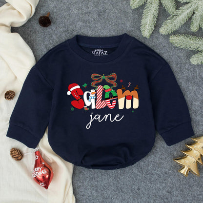 Personalized Christmas Romper: Festive Season Outfit with Santa, Reindeer & Elf Letters, Custom Name Baby Girl Sweatshirt, Holiday Toddler Clothes 139