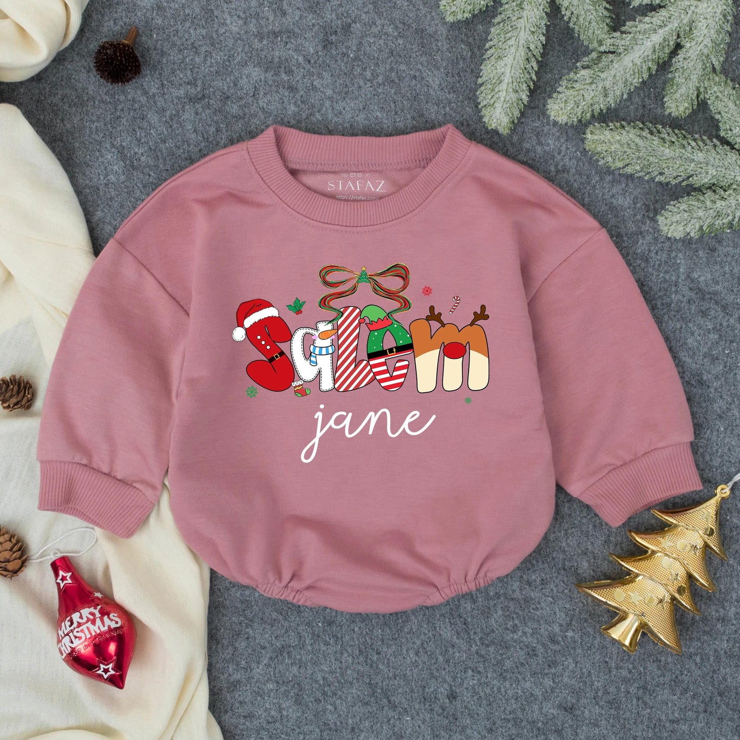 Personalized Christmas Romper: Festive Season Outfit with Santa, Reindeer & Elf Letters, Custom Name Baby Girl Sweatshirt, Holiday Toddler Clothes 139