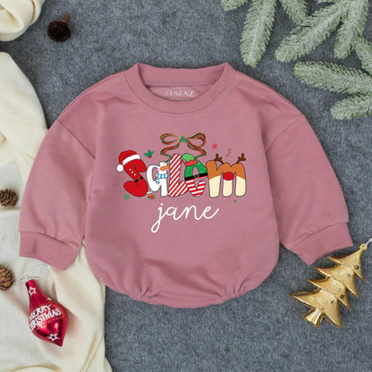 Personalized Christmas Romper: Festive Season Outfit with Santa, Reindeer & Elf Letters, Custom Name Baby Girl Sweatshirt, Holiday Toddler Clothes 139
