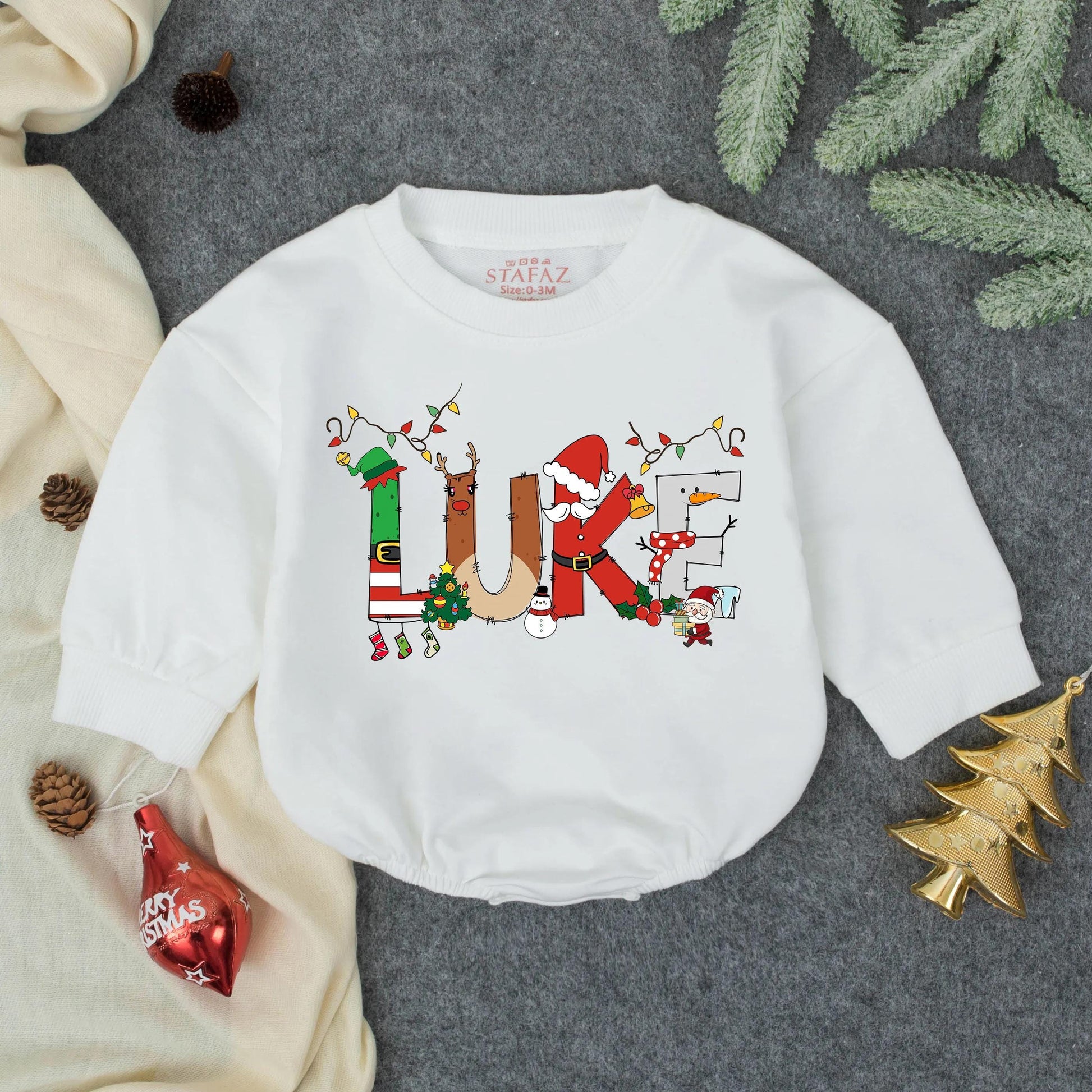 Luke's Christmas Lights Romper: Personalized Baby Boy Holiday Outfit, Festive Xmas Bodysuit with Elf, Reindeer & Santa Design, Cute Winter Gift Idea (136)