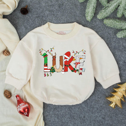Luke's Christmas Lights Romper: Personalized Baby Boy Holiday Outfit, Festive Xmas Bodysuit with Elf, Reindeer & Santa Design, Cute Winter Gift Idea (136)