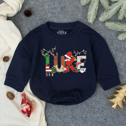 Luke's Christmas Lights Romper: Personalized Baby Boy Holiday Outfit, Festive Xmas Bodysuit with Elf, Reindeer & Santa Design, Cute Winter Gift Idea (136)
