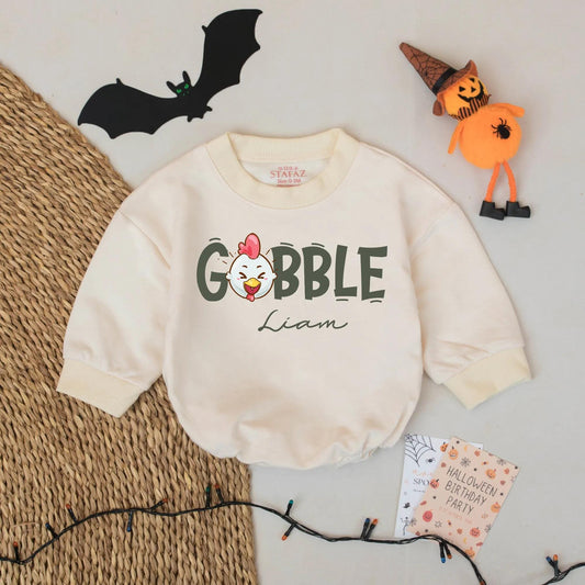 Personalized Gobble Baby Boy Romper with Winking Chicken and Liam Name Thanksgiving Turkey Bodysuit Coming Home Outfit Gift Ideas