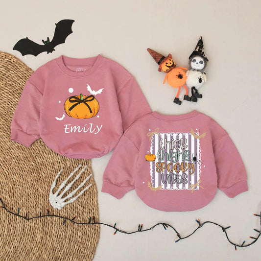 Custom Emily Pumpkin Halloween Baby Romper, Thick Thighs Spooky Vibes Bodysuit Girl, Cute Bat Design, Coming Home Outfit, Baby Gift