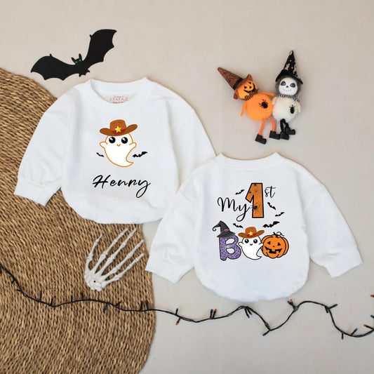 My First Boo Baby Halloween Romper - Cowboy Ghost Custom Bodysuit, Cute Halloween Outfit for Baby Boy, Coming Home Outfit, Halloween Gift Idea 135 Chars