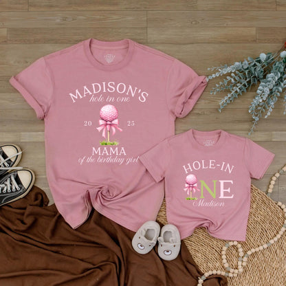 Custom Hole In One Golf Girl First Birthday Matching Family T-shirt Pink Golf Ball Bow Tee Mama Dada of Birthday Girl Party Outfit Celebration