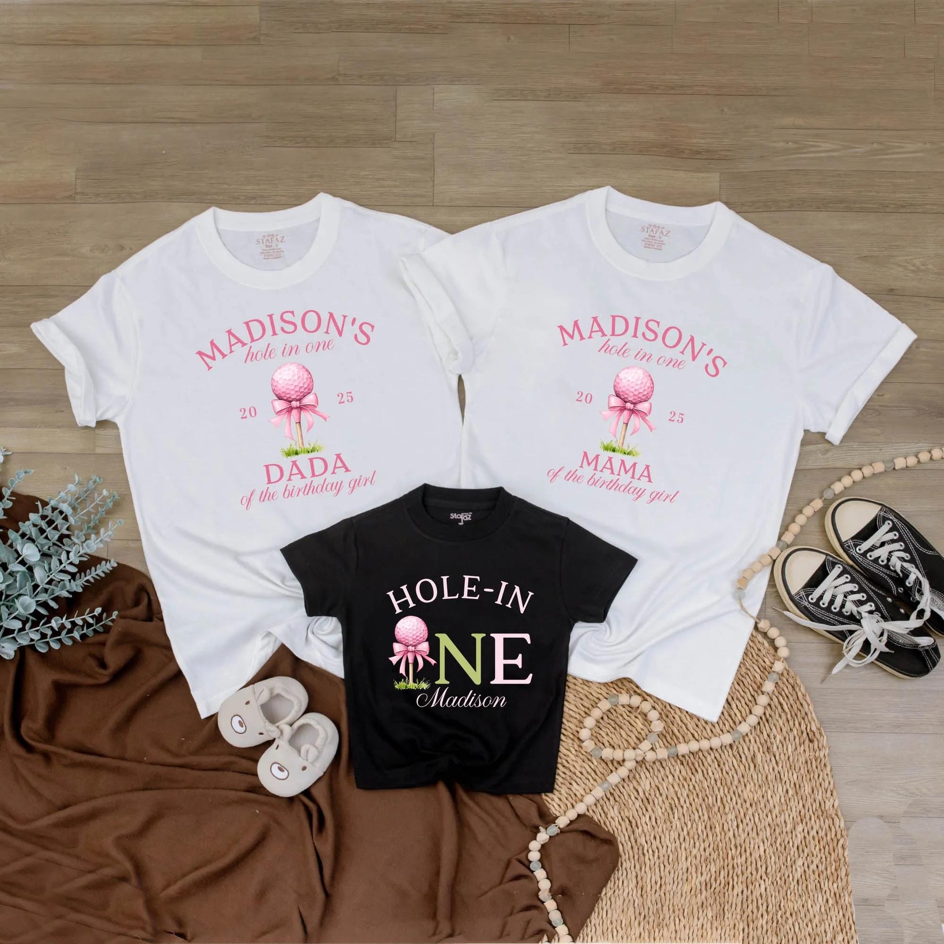 Custom Hole In One Golf Girl First Birthday Matching Family T-shirt Pink Golf Ball Bow Tee Mama Dada of Birthday Girl Party Outfit Celebration