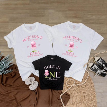 Custom Hole In One Golf Girl First Birthday Matching Family T-shirt Pink Golf Ball Bow Tee Mama Dada of Birthday Girl Party Outfit Celebration