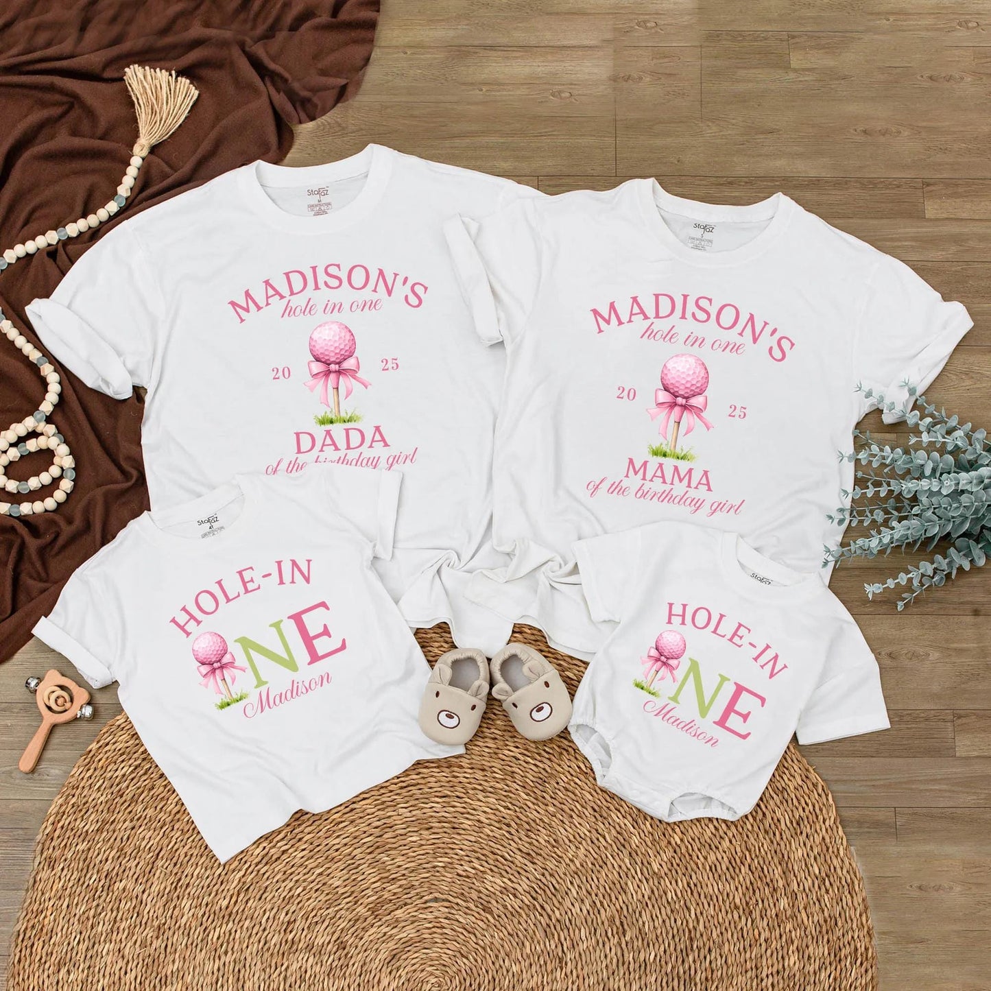 Custom Hole In One Golf Girl First Birthday Matching Family T-shirt Pink Golf Ball Bow Tee Mama Dada of Birthday Girl Party Outfit Celebration