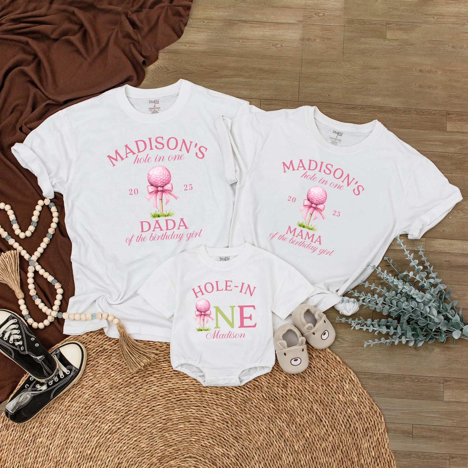 Custom Hole In One Golf Girl First Birthday Matching Family T-shirt Pink Golf Ball Bow Tee Mama Dada of Birthday Girl Party Outfit Celebration