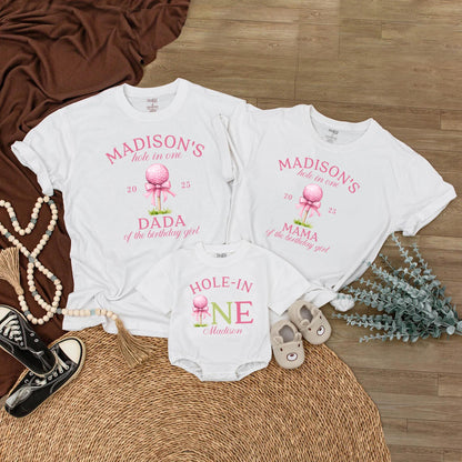 Custom Hole In One Golf Girl First Birthday Matching Family T-shirt Pink Golf Ball Bow Tee Mama Dada of Birthday Girl Party Outfit Celebration