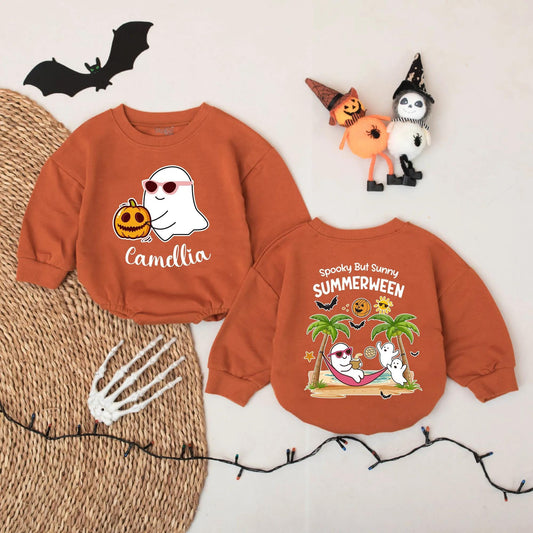Spooky Summerween Baby Romper: Ghostly Fun in the Sun! Custom Camellia Halloween Bodysuit, Beachy First Halloween Outfit, Cute Gift Idea (139 chars)