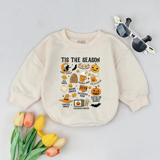 Retro Halloween Baby Romper | Spooky Season Bodysuit for Fall Baby Shower Gift | Pumpkin Spice Witch, Ghosts, Bat, & Candy Corn Design Baby Girl Outfit