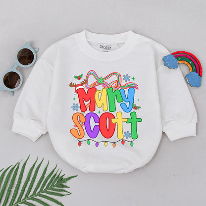 Baby's First Christmas Romper Rainbow Name Personalized Festive Snowflakes Lights Reindeer Antler Hat Outfit