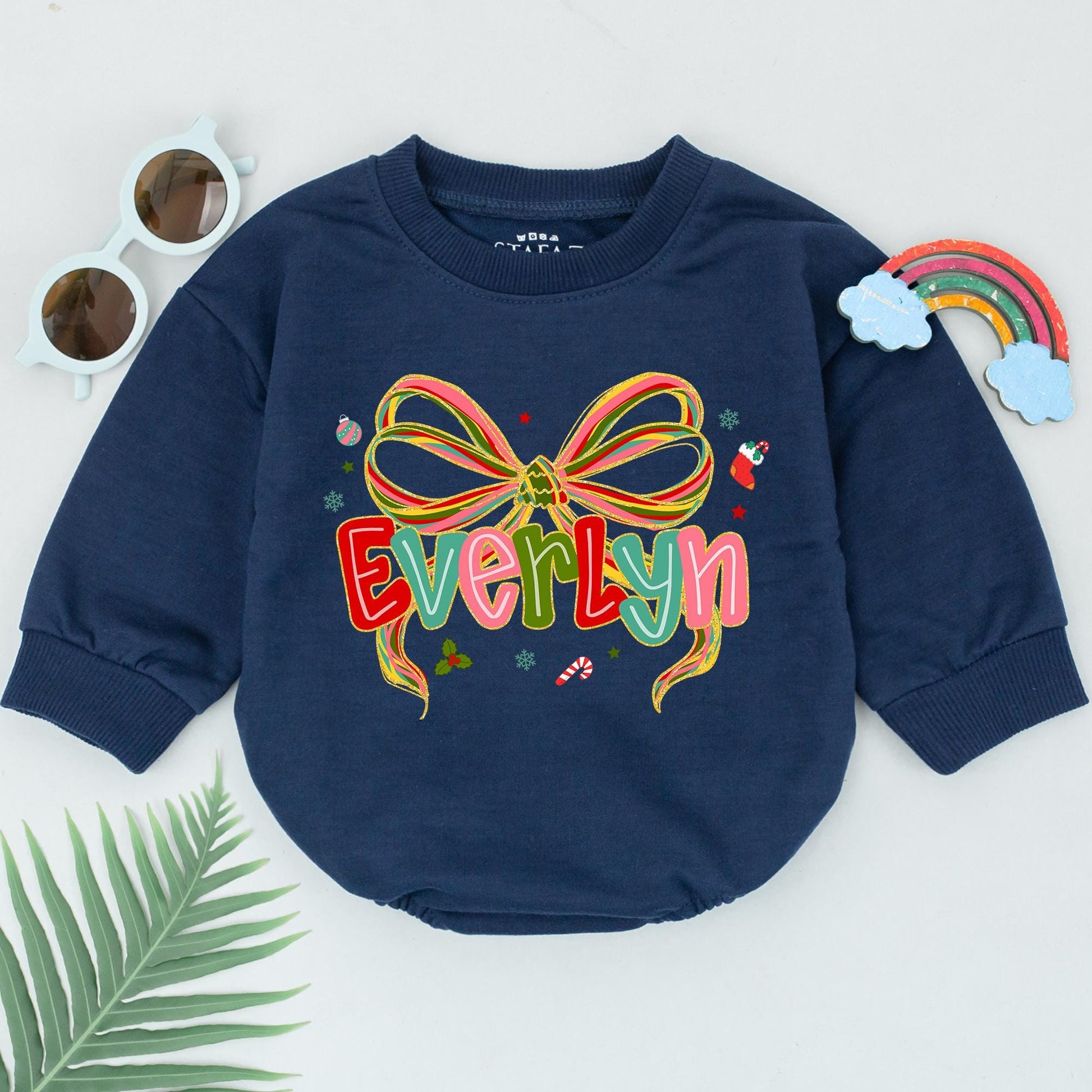 Personalized Christmas Baby Girl Romper Colorful Striped Bow Name Design First Xmas Bodysuit Festive Holiday Graphics Baby Shower Gift Soft Cotton