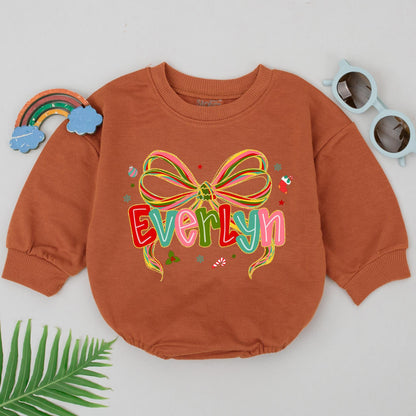 Personalized Christmas Baby Girl Romper Colorful Striped Bow Name Design First Xmas Bodysuit Festive Holiday Graphics Baby Shower Gift Soft Cotton