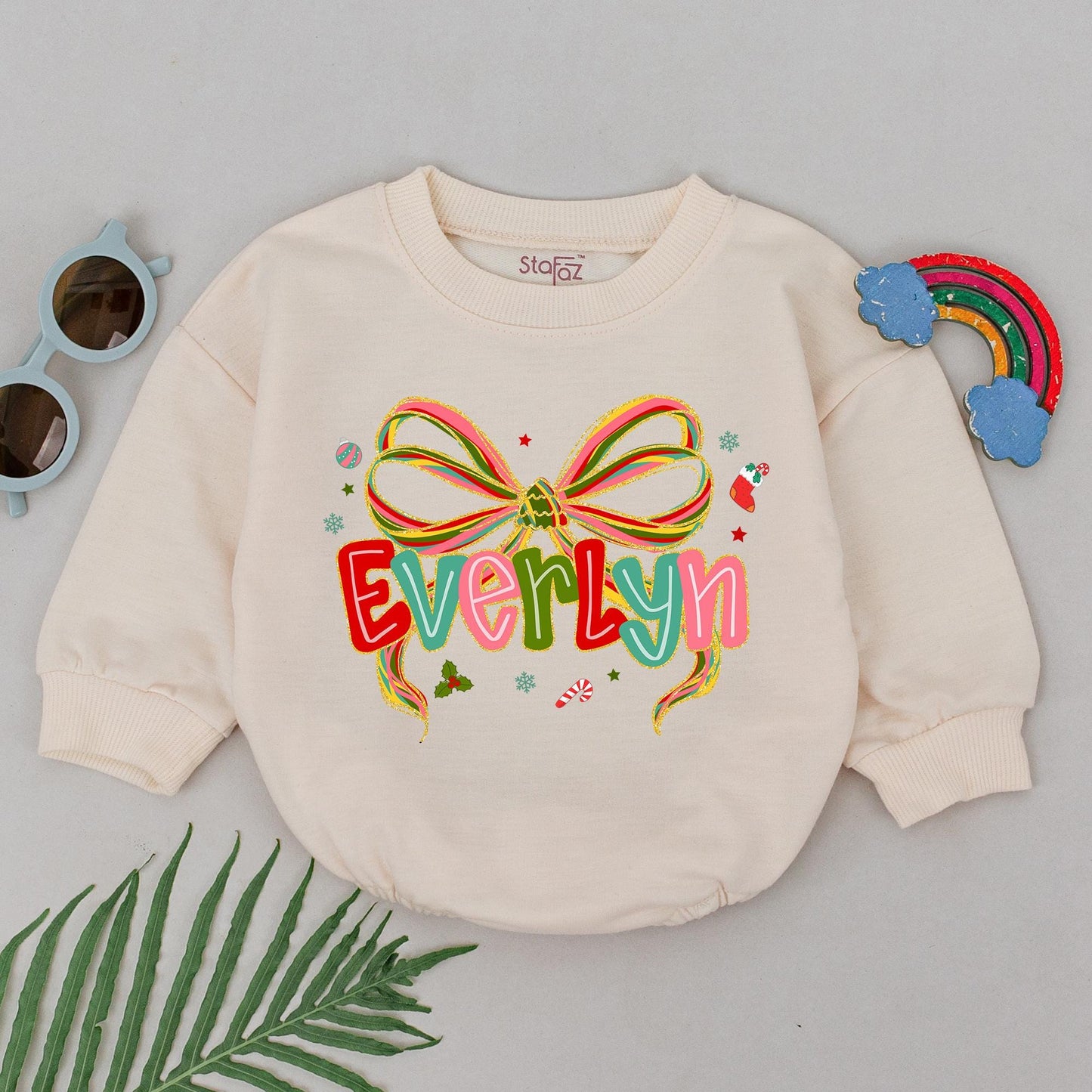 Personalized Christmas Baby Girl Romper Colorful Striped Bow Name Design First Xmas Bodysuit Festive Holiday Graphics Baby Shower Gift Soft Cotton
