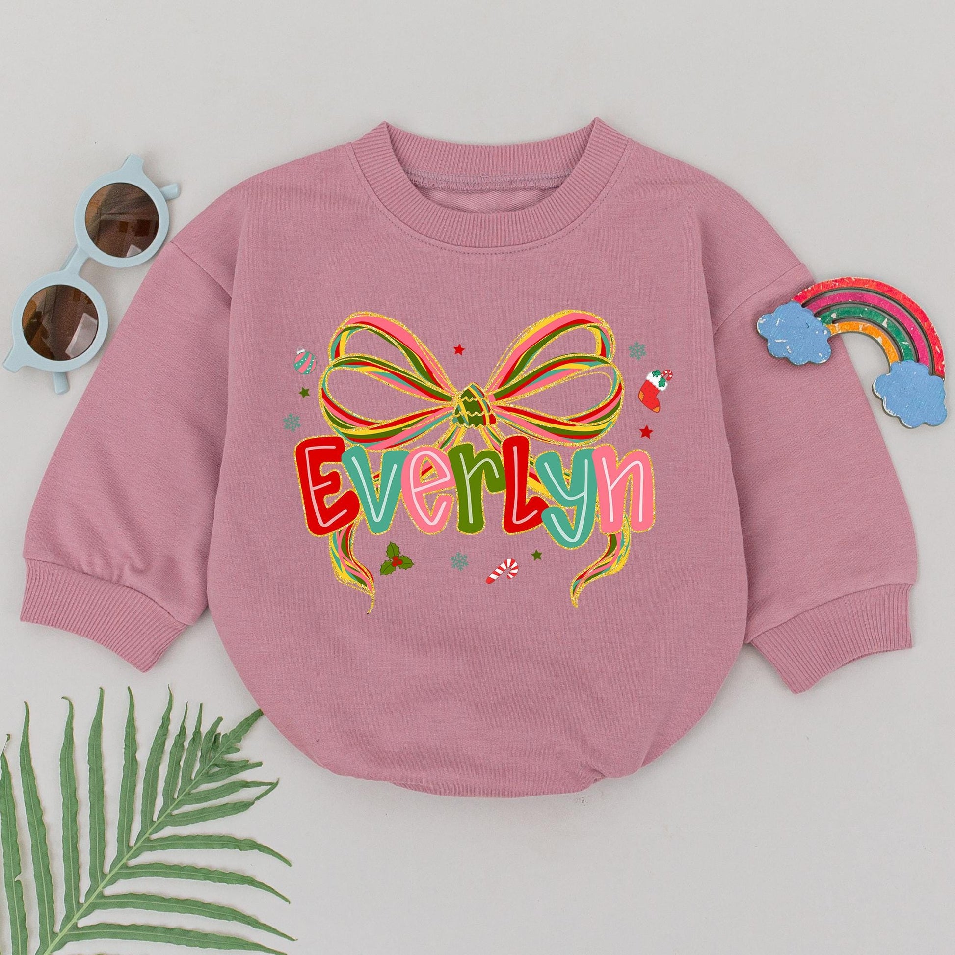 Personalized Christmas Baby Girl Romper Colorful Striped Bow Name Design First Xmas Bodysuit Festive Holiday Graphics Baby Shower Gift Soft Cotton