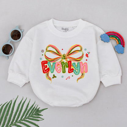 Personalized Christmas Baby Girl Romper Colorful Striped Bow Name Design First Xmas Bodysuit Festive Holiday Graphics Baby Shower Gift Soft Cotton
