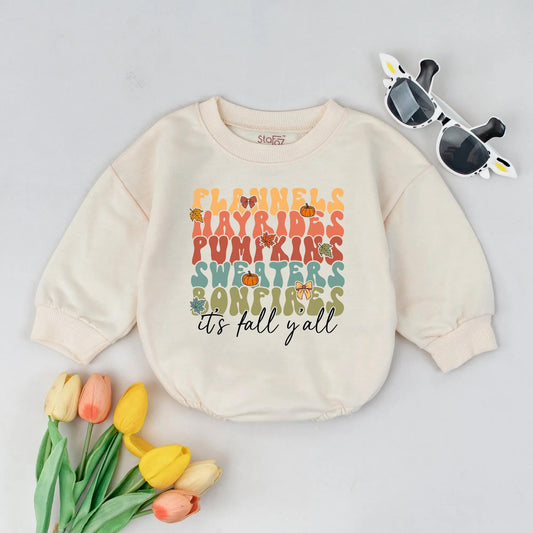 Fall Baby Romper: Flannels, Hayrides, Pumpkins & Bonfires Bodysuit, Retro Thanksgiving Outfit, It's Fall Y'all, Cozy Infant Clothes, Baby Shower Gift 137