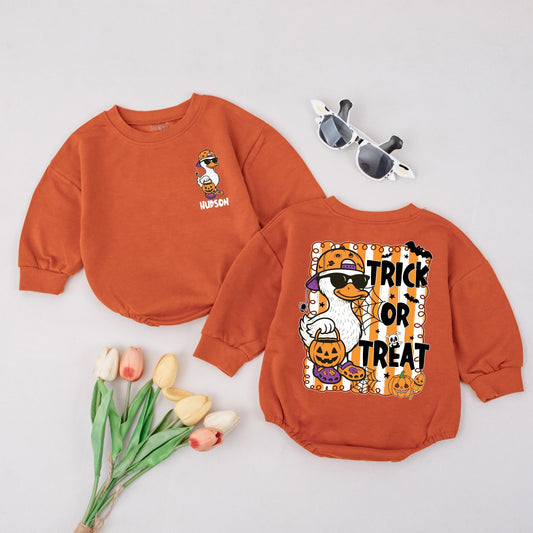 Halloween Baby Bodysuit with Goose in Sunglasses & Trick or Treat Design | Spooky Fall Outfit for Baby Girl or Boy | Baby Shower Gift