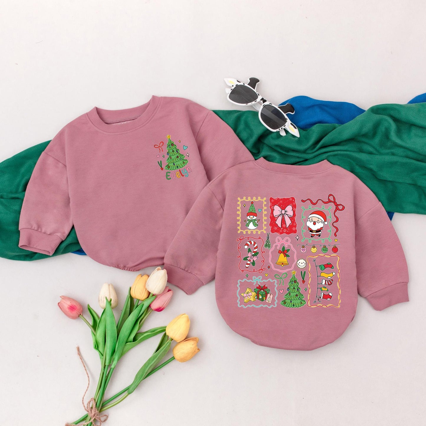 Personalized Christmas Baby Girl Romper with Whimsical Holiday Design, Custom Name First Christmas Outfit, Retro Xmas Gift, Baby Shower