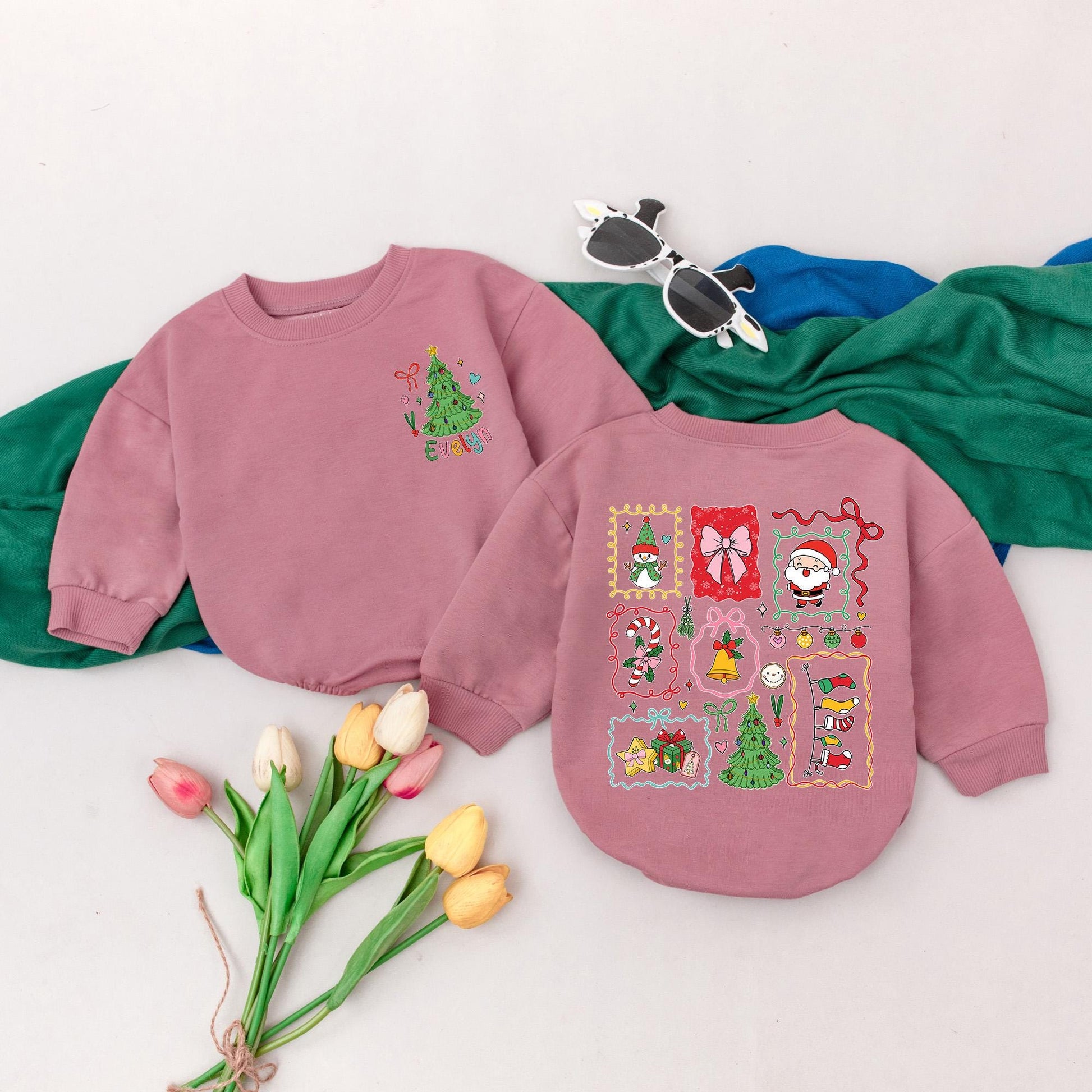 Personalized Christmas Baby Girl Romper with Whimsical Holiday Design, Custom Name First Christmas Outfit, Retro Xmas Gift, Baby Shower