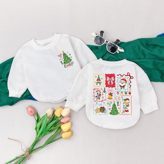 Personalized Christmas Baby Girl Romper with Whimsical Holiday Design, Custom Name First Christmas Outfit, Retro Xmas Gift, Baby Shower
