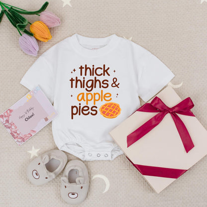 Thanksgiving Baby Romper Set: 'Thick Thighs & Apple Pies' & 'I'll Bring the Rolls' Outfits! Cute Fall Holiday Bubble Romper for Baby