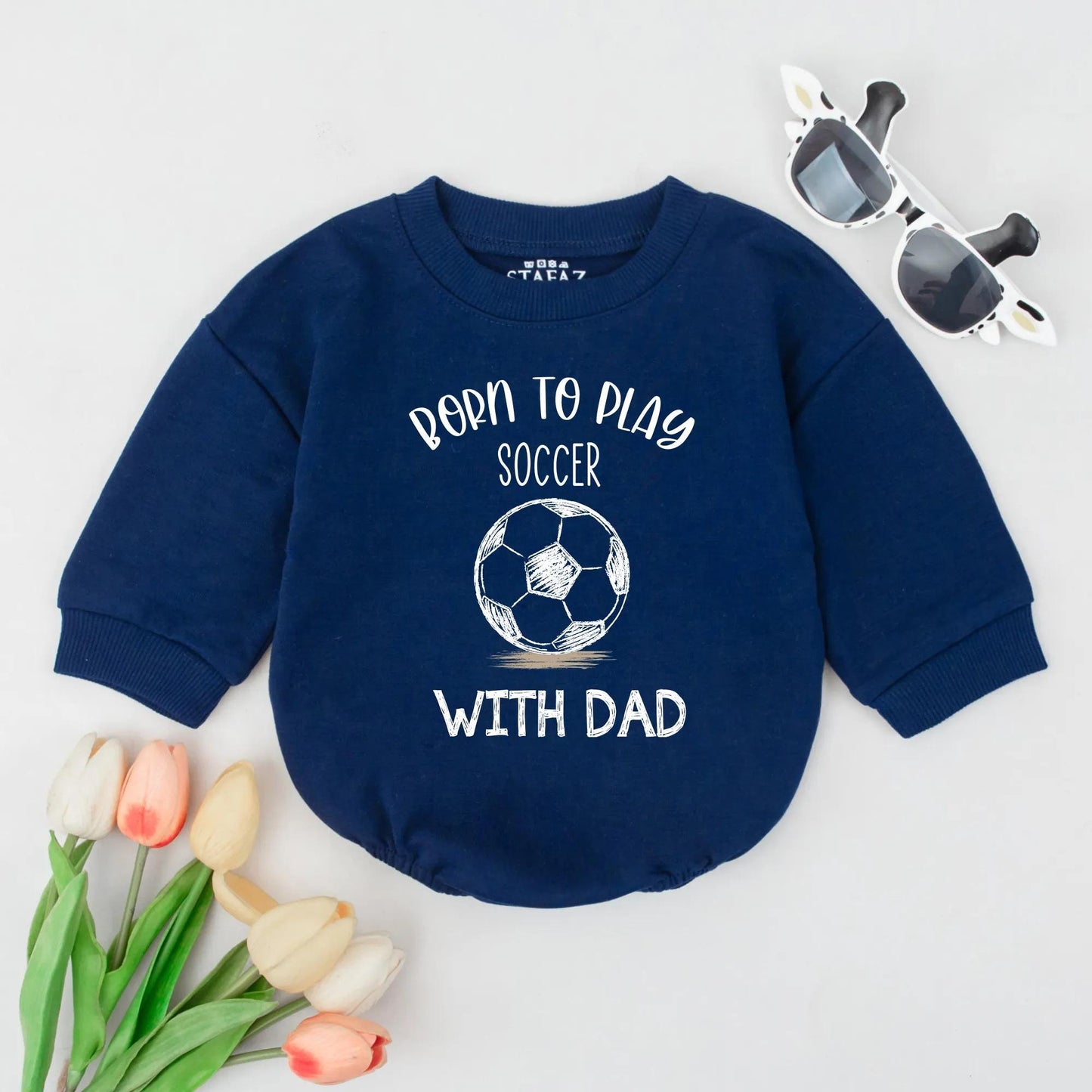 Born To Play Soccer With Dad Baby Romper Funny Bodysuit Sporty Hand-Drawn Soccer Ball Graphic Baby Boy Outfit Newborn Gift for New Dad