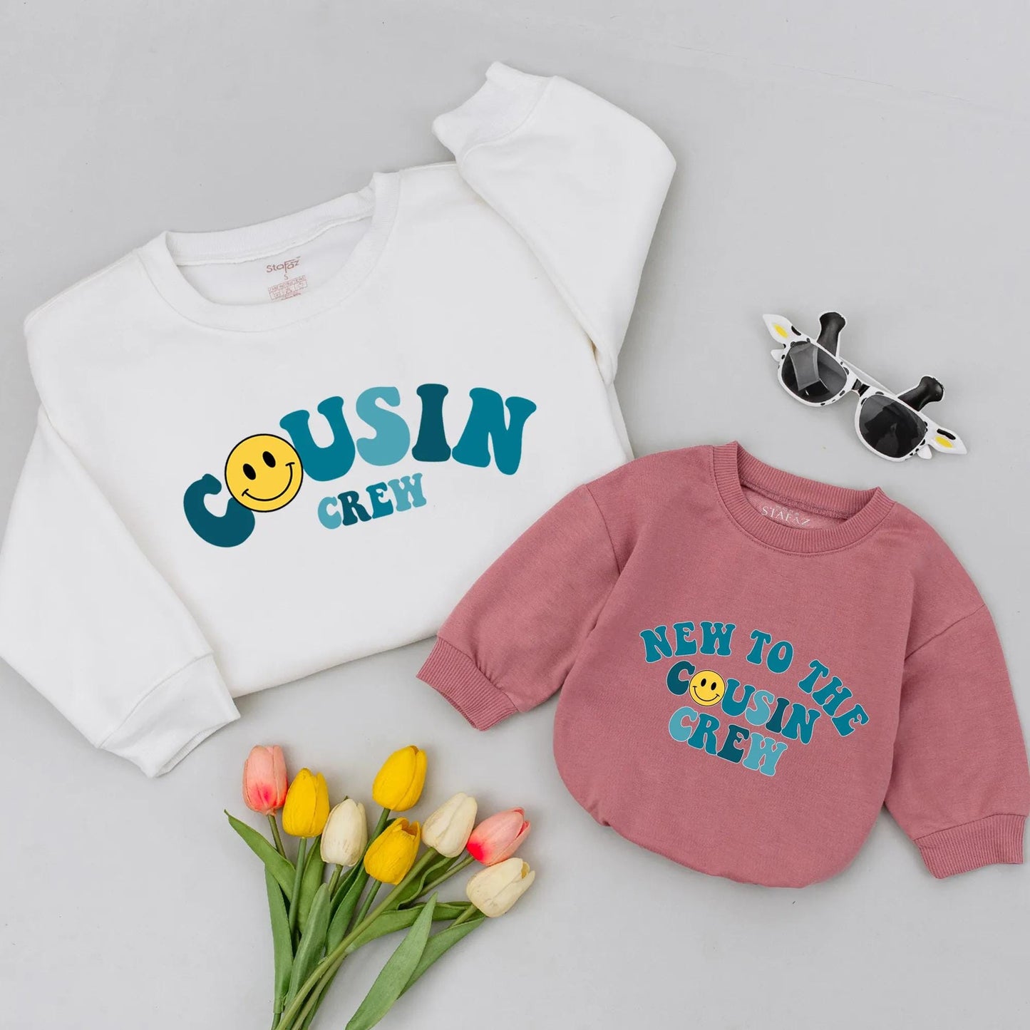 Cousin Crew Matching Shirts: Smiley Face Onesie & Sweatshirt, Retro Cousin Gift Set, Family Trip, New Baby Outfit, Cute & Comfy Cousins Apparel